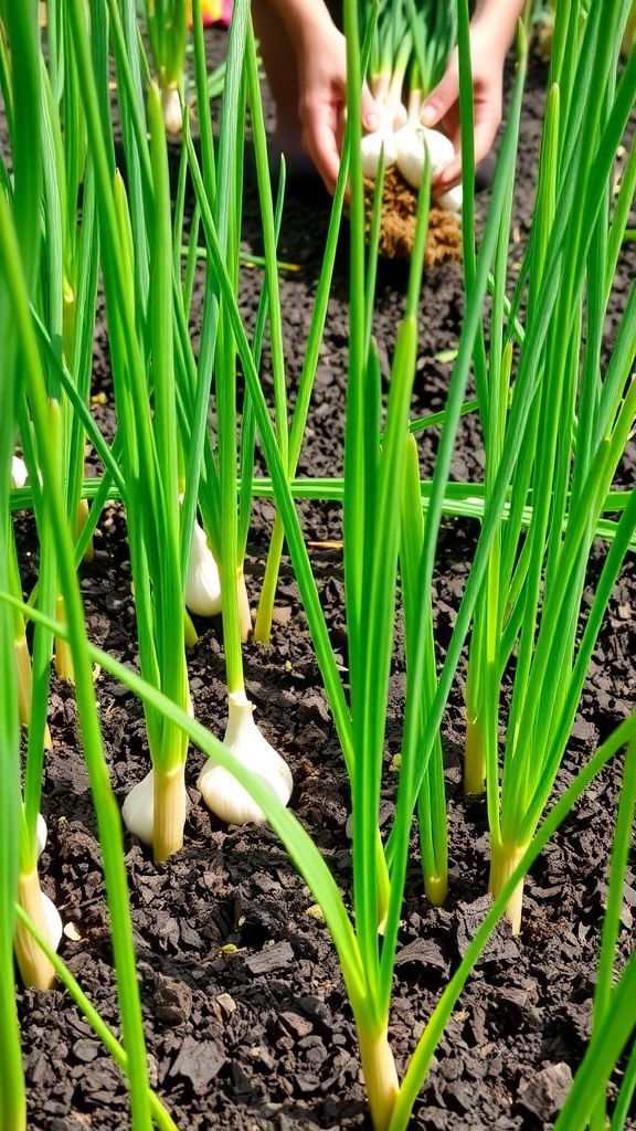 A gardener harvesting fresh garlic bulbs from a garden bed with green garlic plants.